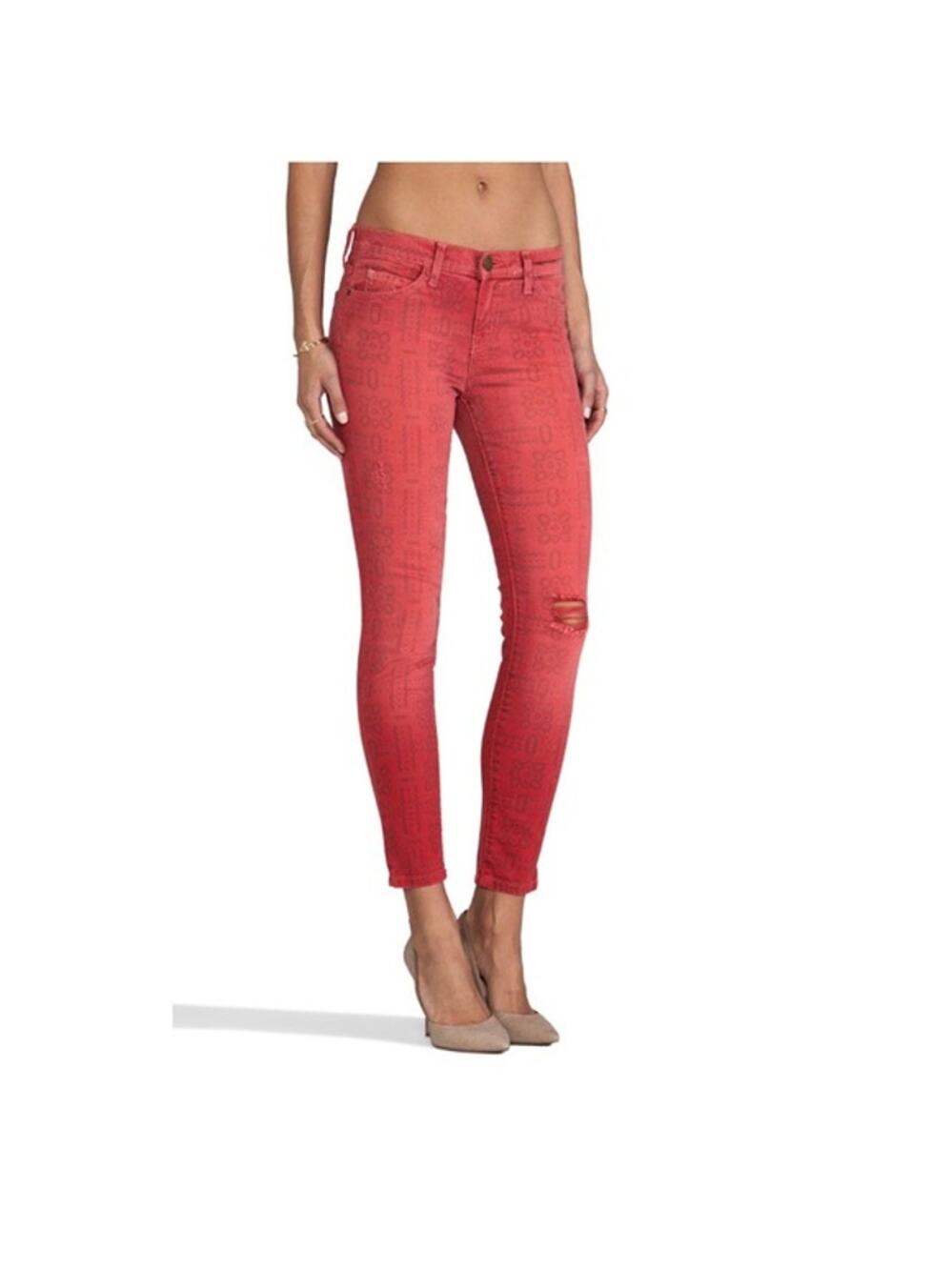 Current/Elliott The Stiletto Red Coral Bandana Distressed Skinny Jeans Size 27